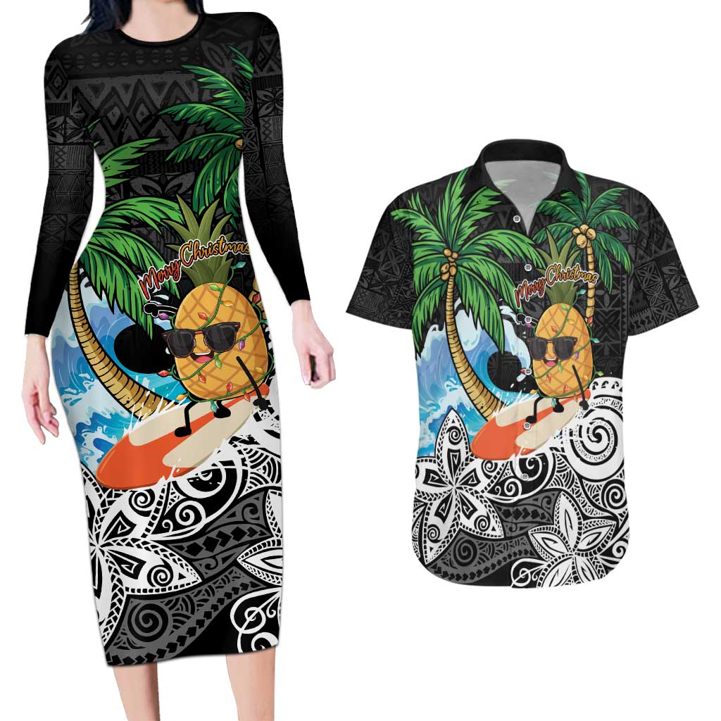 Tropical Christmas Polynesian Couples Matching Long Sleeve Bodycon Dress and Hawaiian Shirt Funny Surfing Pineapple