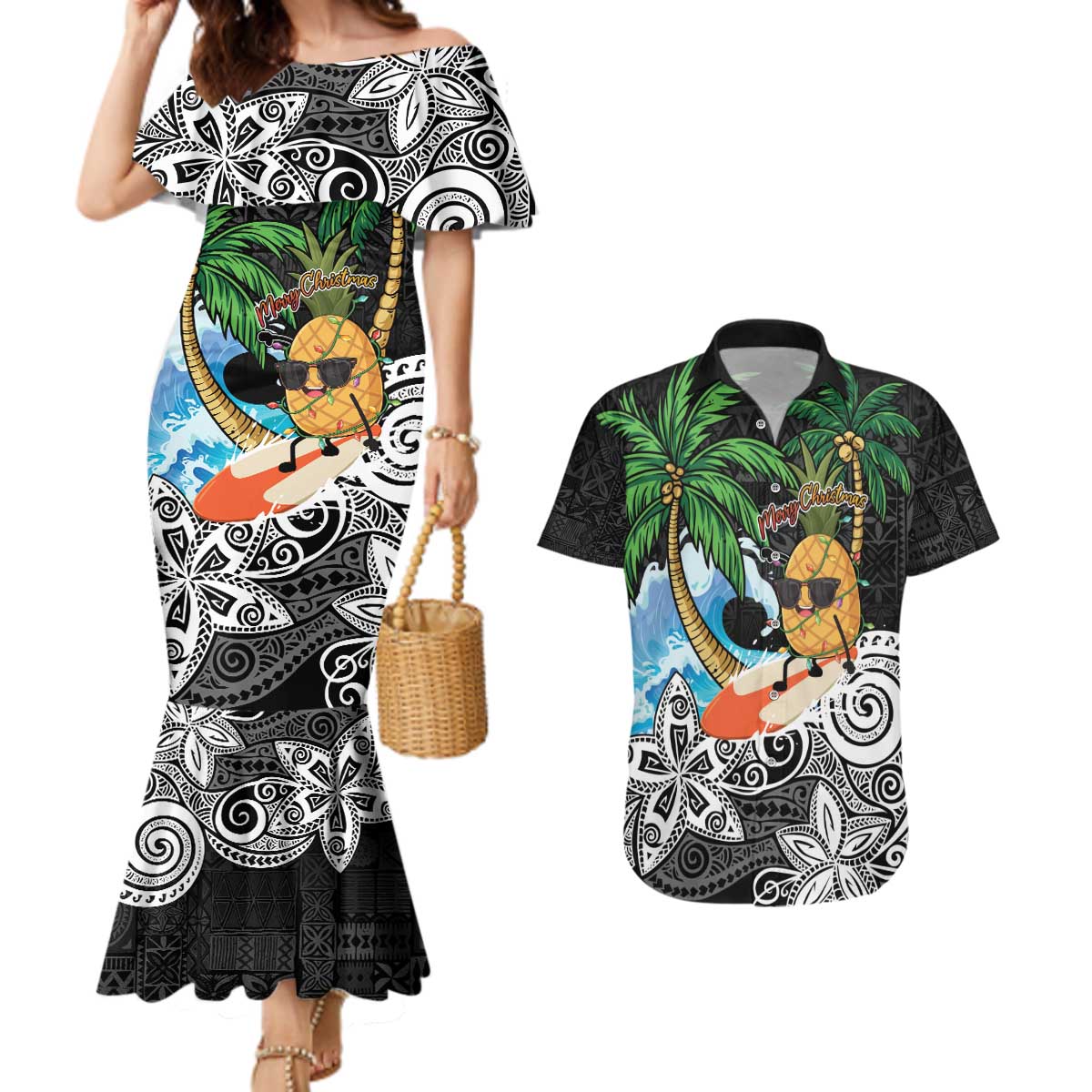 Tropical Christmas Polynesian Couples Matching Mermaid Dress and Hawaiian Shirt Funny Surfing Pineapple