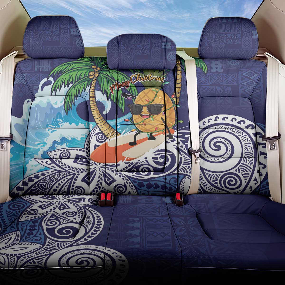 Tropical Christmas Polynesian Back Car Seat Cover Funny Surfing Pineapple Blue