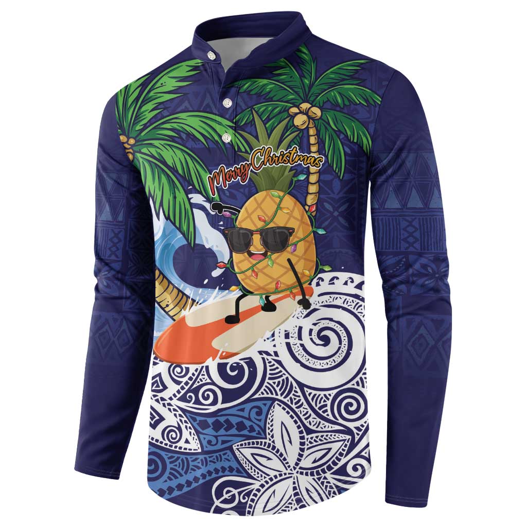 Tropical Christmas Polynesian Button Sweatshirt Funny Surfing Pineapple Blue