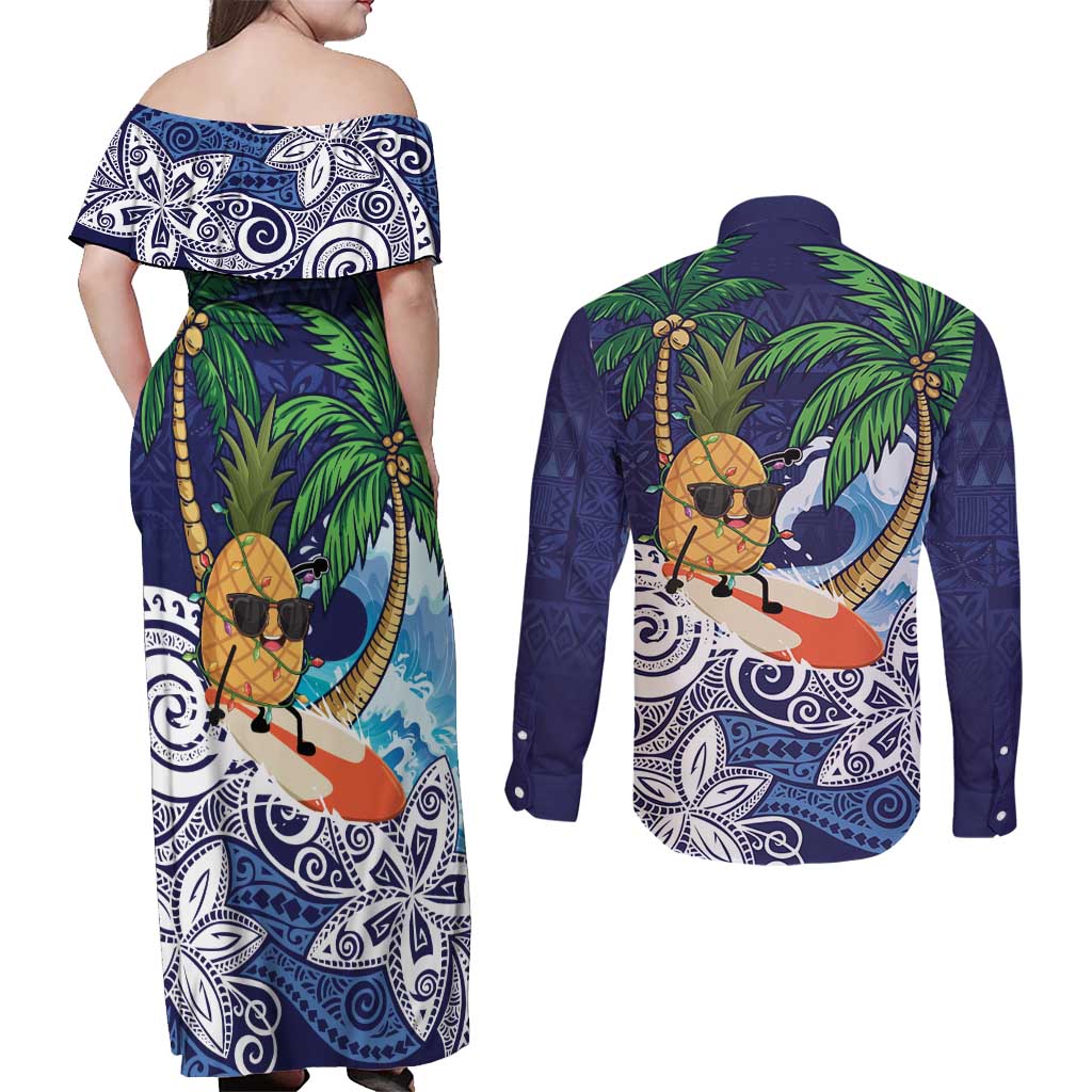 Tropical Christmas Polynesian Couples Matching Off Shoulder Maxi Dress and Long Sleeve Button Shirt Funny Surfing Pineapple Blue