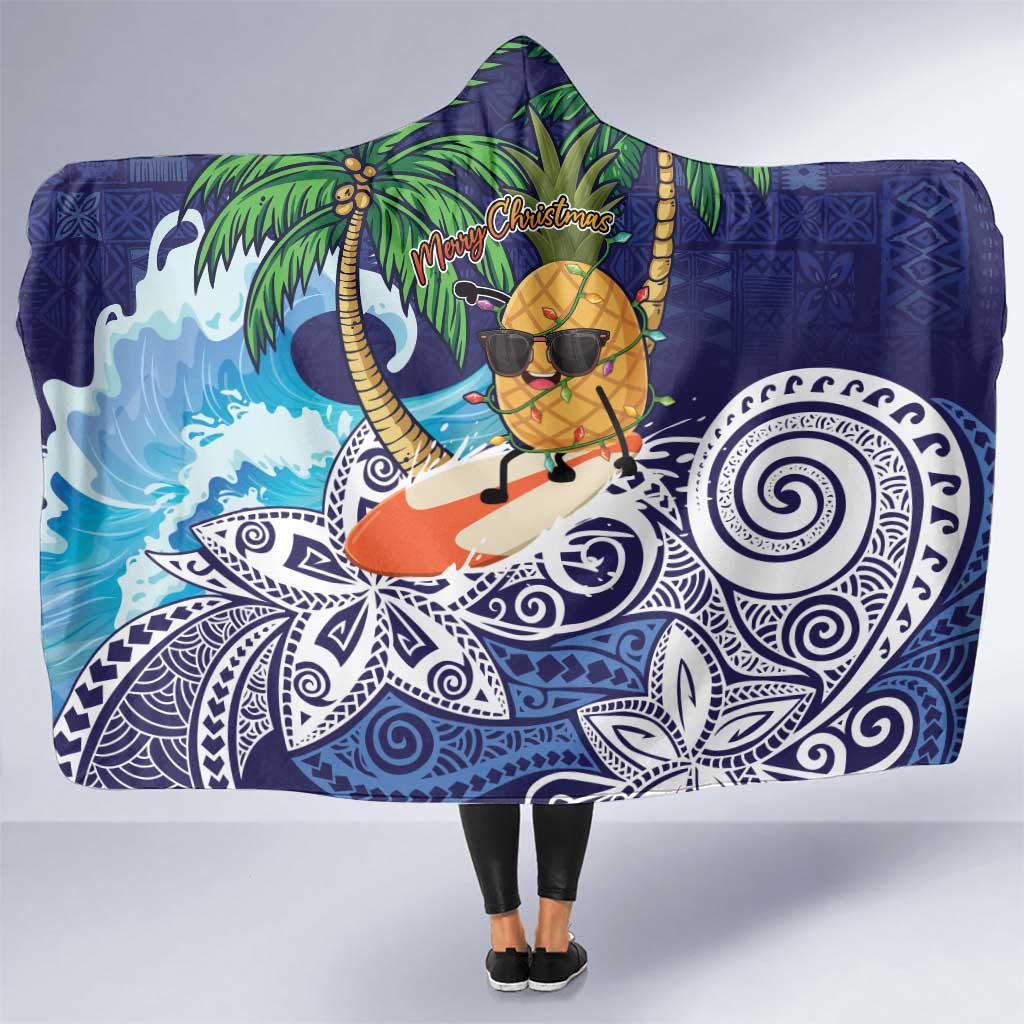 Tropical Christmas Polynesian Hooded Blanket Funny Surfing Pineapple Blue