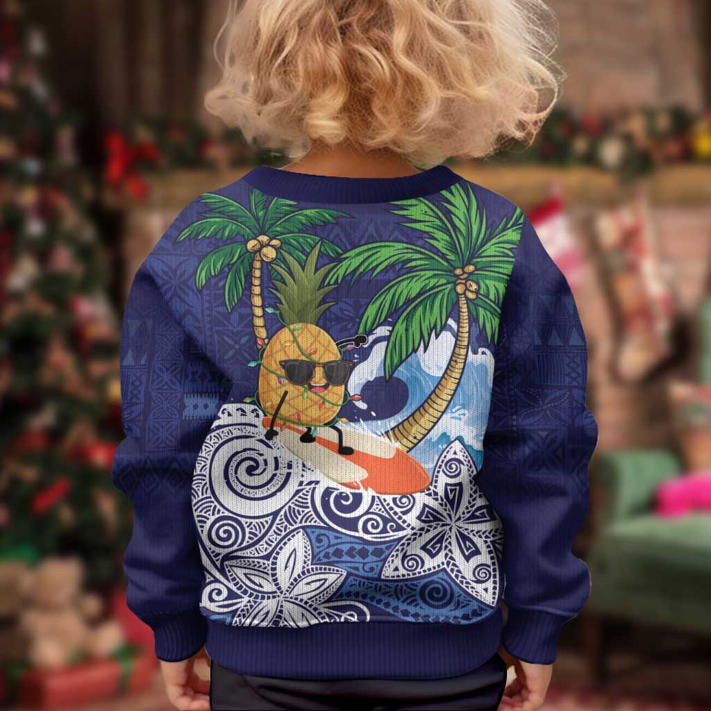 Tropical Christmas Polynesian Kid Ugly Christmas Sweater Funny Surfing Pineapple Blue