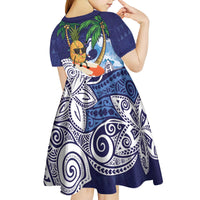 Tropical Christmas Polynesian Kid Short Sleeve Dress Funny Surfing Pineapple Blue