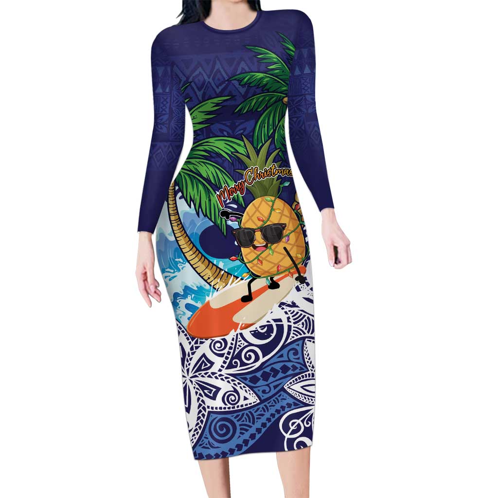 Tropical Christmas Polynesian Long Sleeve Bodycon Dress Funny Surfing Pineapple Blue