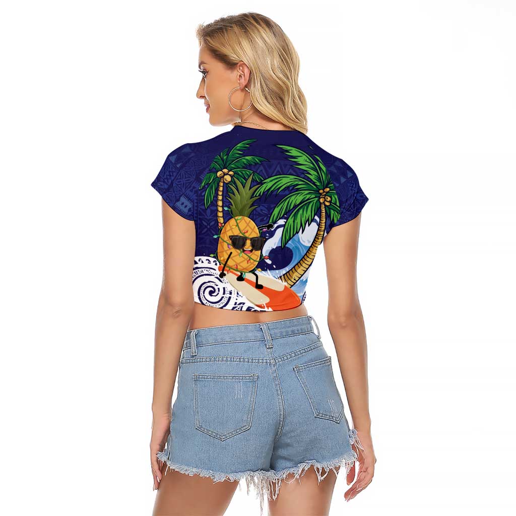 Tropical Christmas Polynesian Raglan Cropped T Shirt Funny Surfing Pineapple Blue