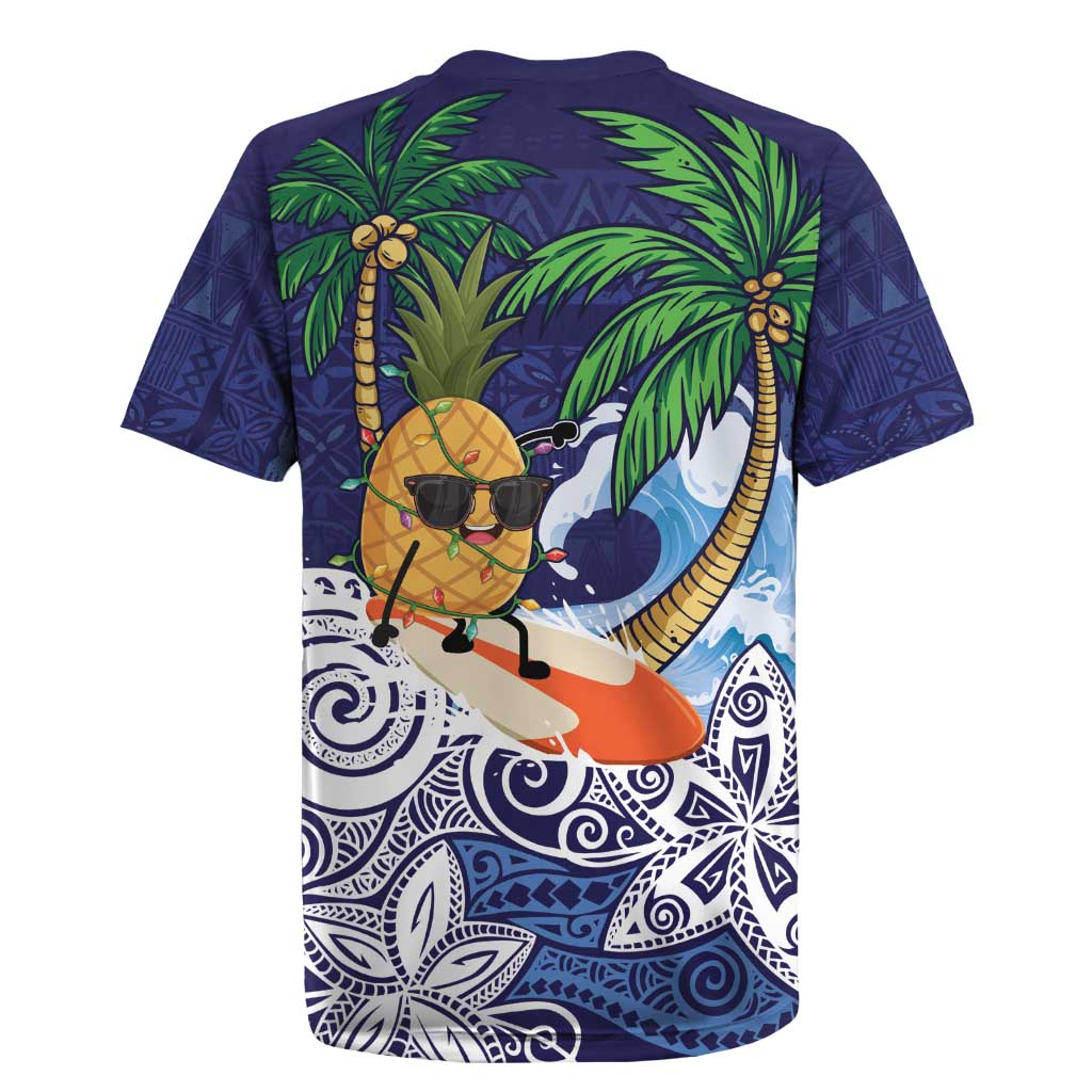 Tropical Christmas Polynesian Rugby Jersey Funny Surfing Pineapple Blue