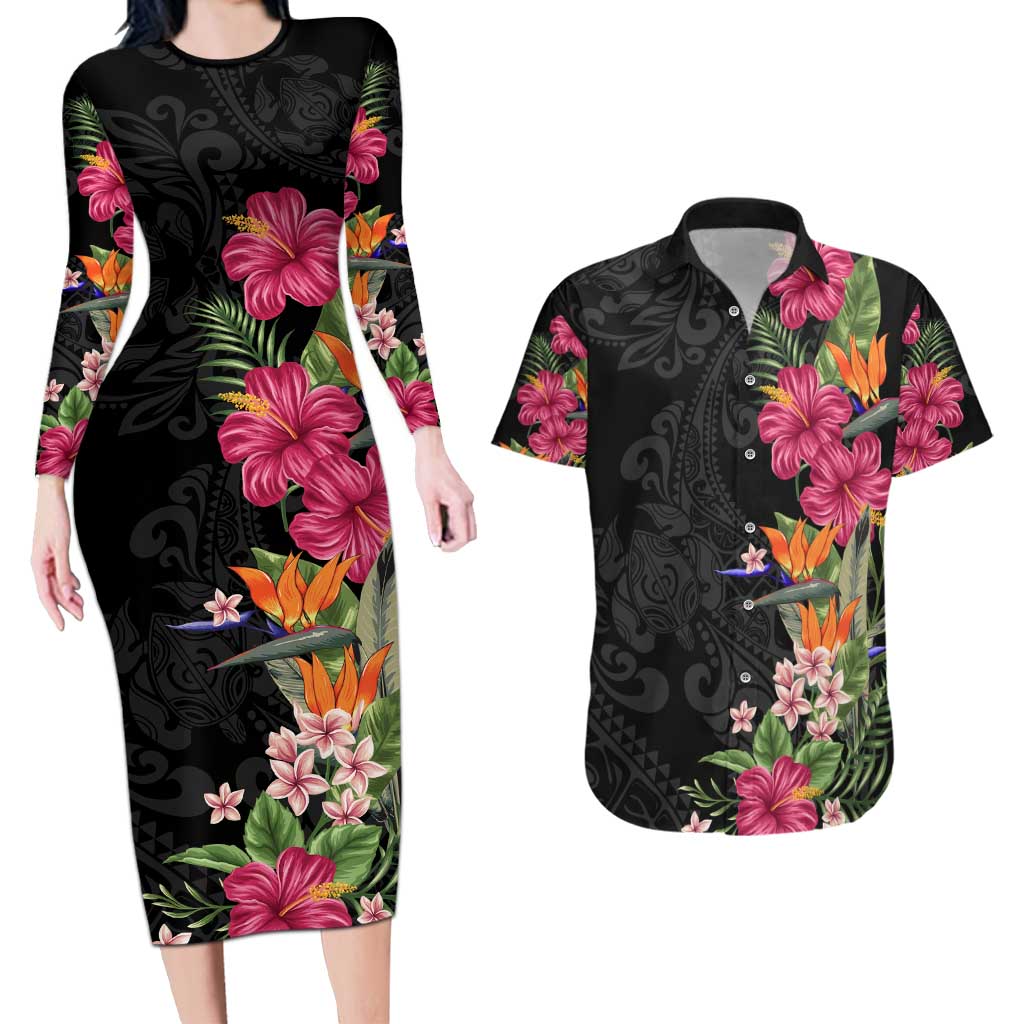 Hawaii Flowers Tribal Pattern Couple Long Sleeve Bodycon Dress and Hawaiian Shirt LT9