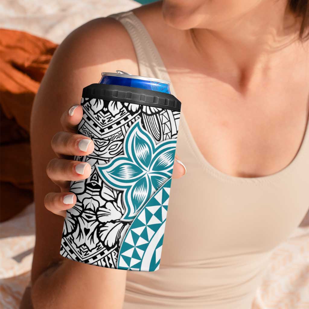 Turquoise Traditional Polynesian Tribal Tattoo Retro 4 in 1 Can Cooler Tumbler