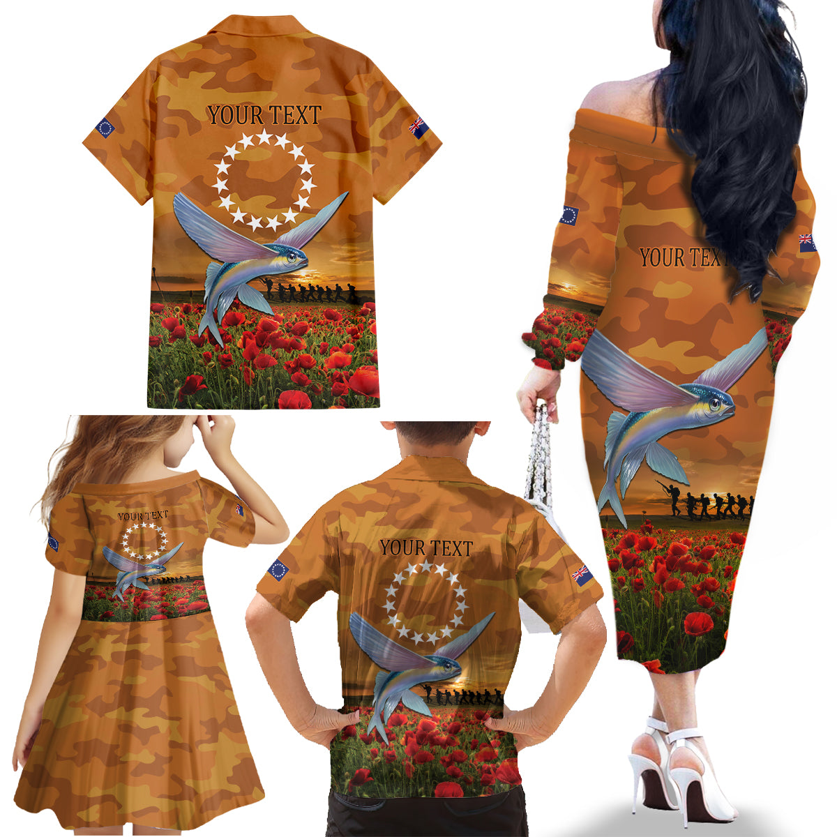 Cook Islands ANZAC Day Personalised Family Matching Off Shoulder Long Sleeve Dress and Hawaiian Shirt with Poppy Field LT9 - Polynesian Pride