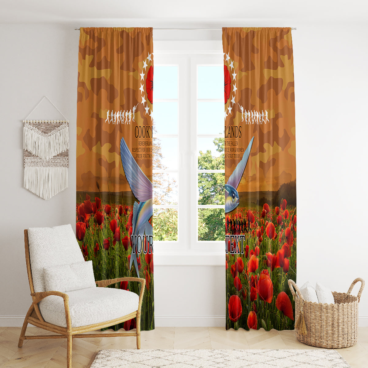 Cook Islands ANZAC Day Personalised Window Curtain with Poppy Field LT9 - Polynesian Pride