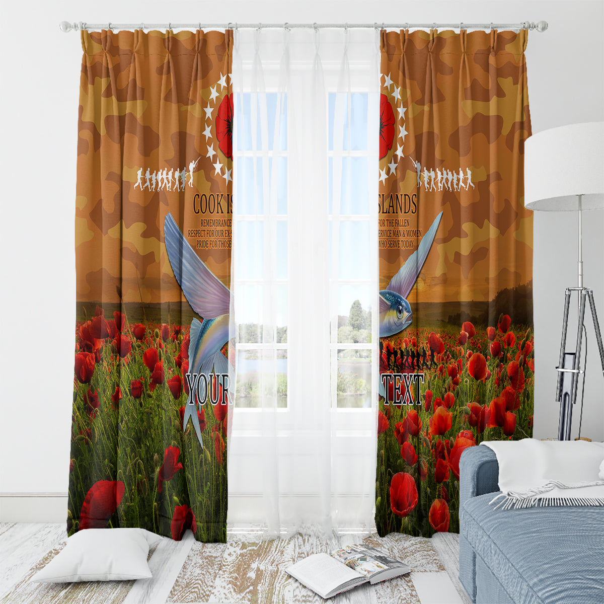 Cook Islands ANZAC Day Personalised Window Curtain with Poppy Field LT9 - Polynesian Pride