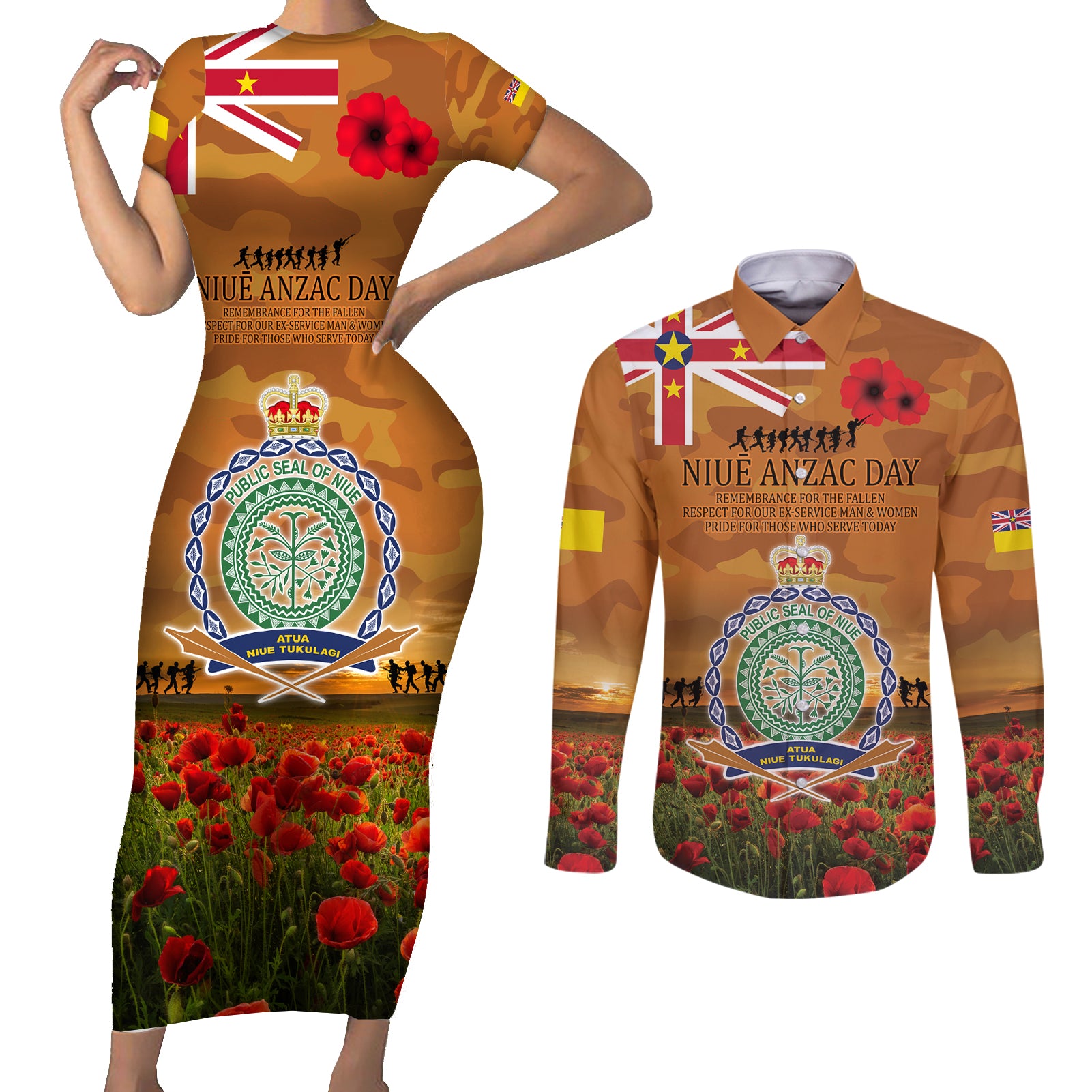 Niue ANZAC Day Personalised Couples Matching Short Sleeve Bodycon Dress and Long Sleeve Button Shirt with Poppy Field LT9 Art - Polynesian Pride