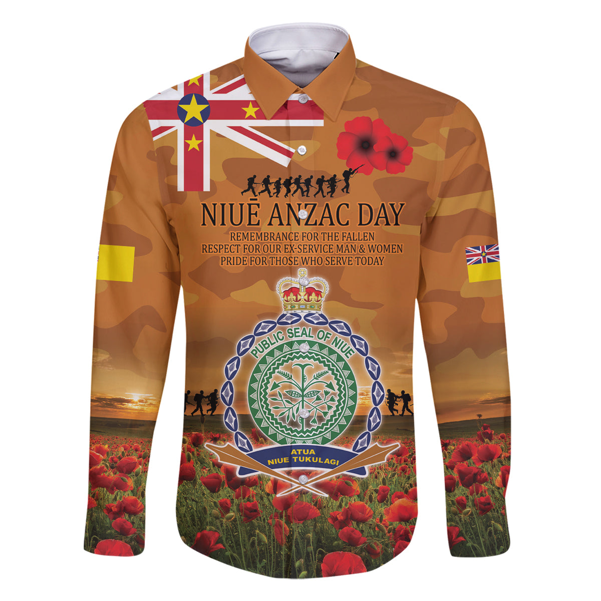 Niue ANZAC Day Personalised Family Matching Off Shoulder Maxi Dress and Hawaiian Shirt with Poppy Field LT9 Dad's Shirt - Long Sleeve Art - Polynesian Pride