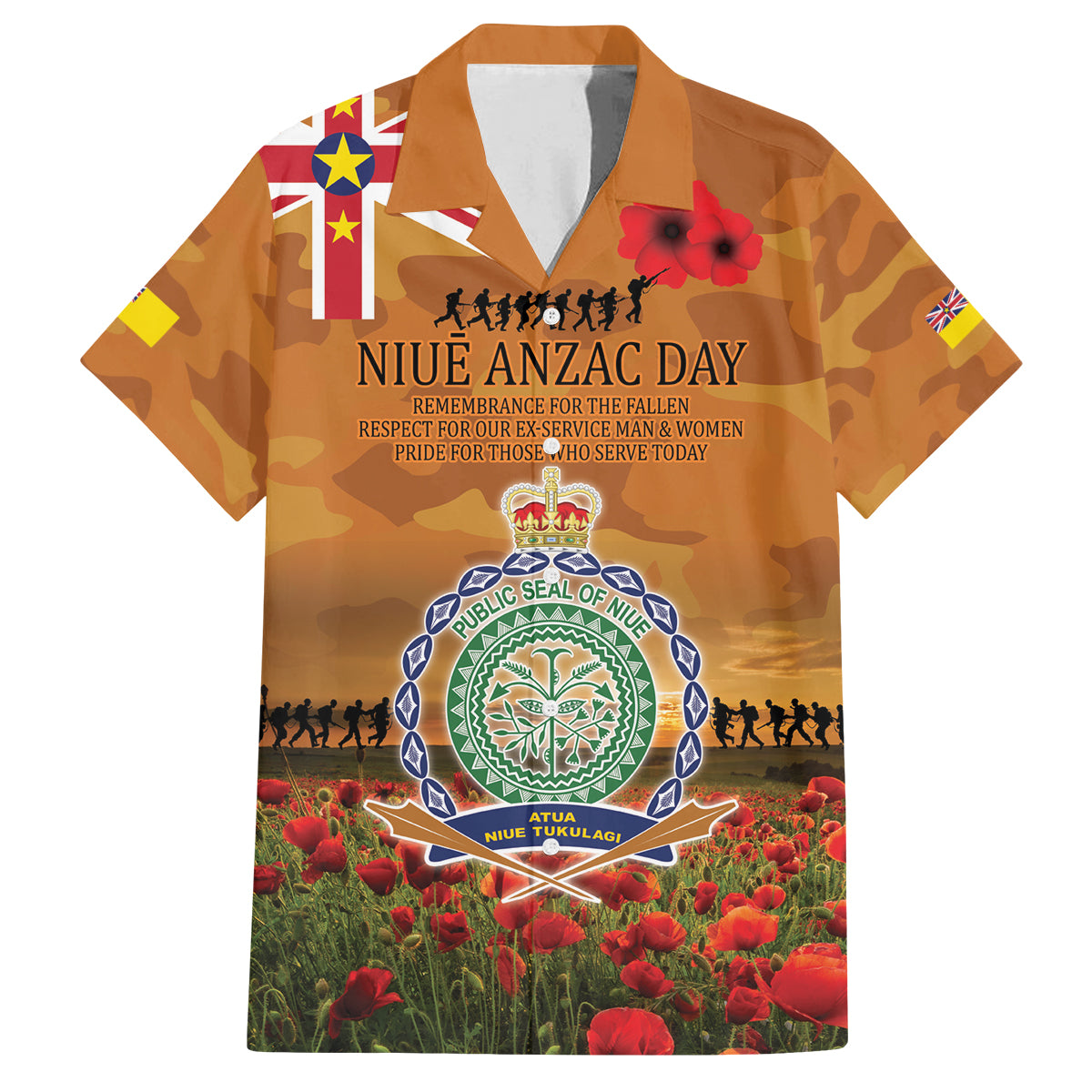 Niue ANZAC Day Personalised Family Matching Off Shoulder Short Dress and Hawaiian Shirt with Poppy Field LT9 Dad's Shirt - Short Sleeve Art - Polynesian Pride