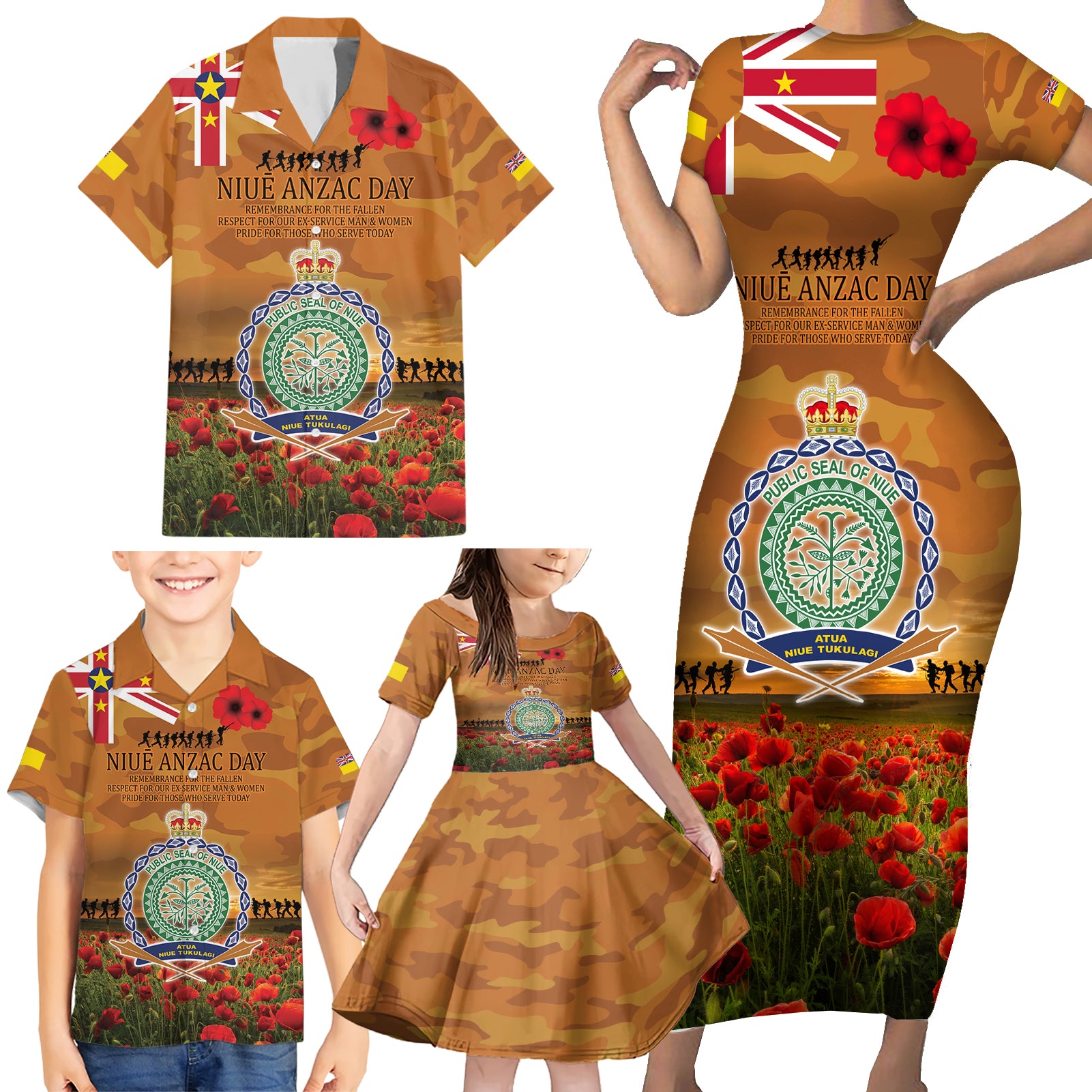 Niue ANZAC Day Personalised Family Matching Short Sleeve Bodycon Dress and Hawaiian Shirt with Poppy Field LT9 - Polynesian Pride