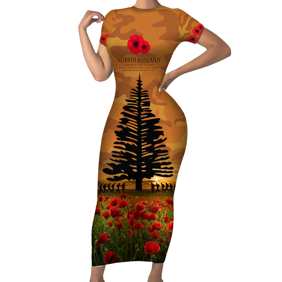 Norfolk Island ANZAC Day Personalised Family Matching Short Sleeve Bodycon Dress and Hawaiian Shirt with Poppy Field LT9 Mom's Dress Art - Polynesian Pride