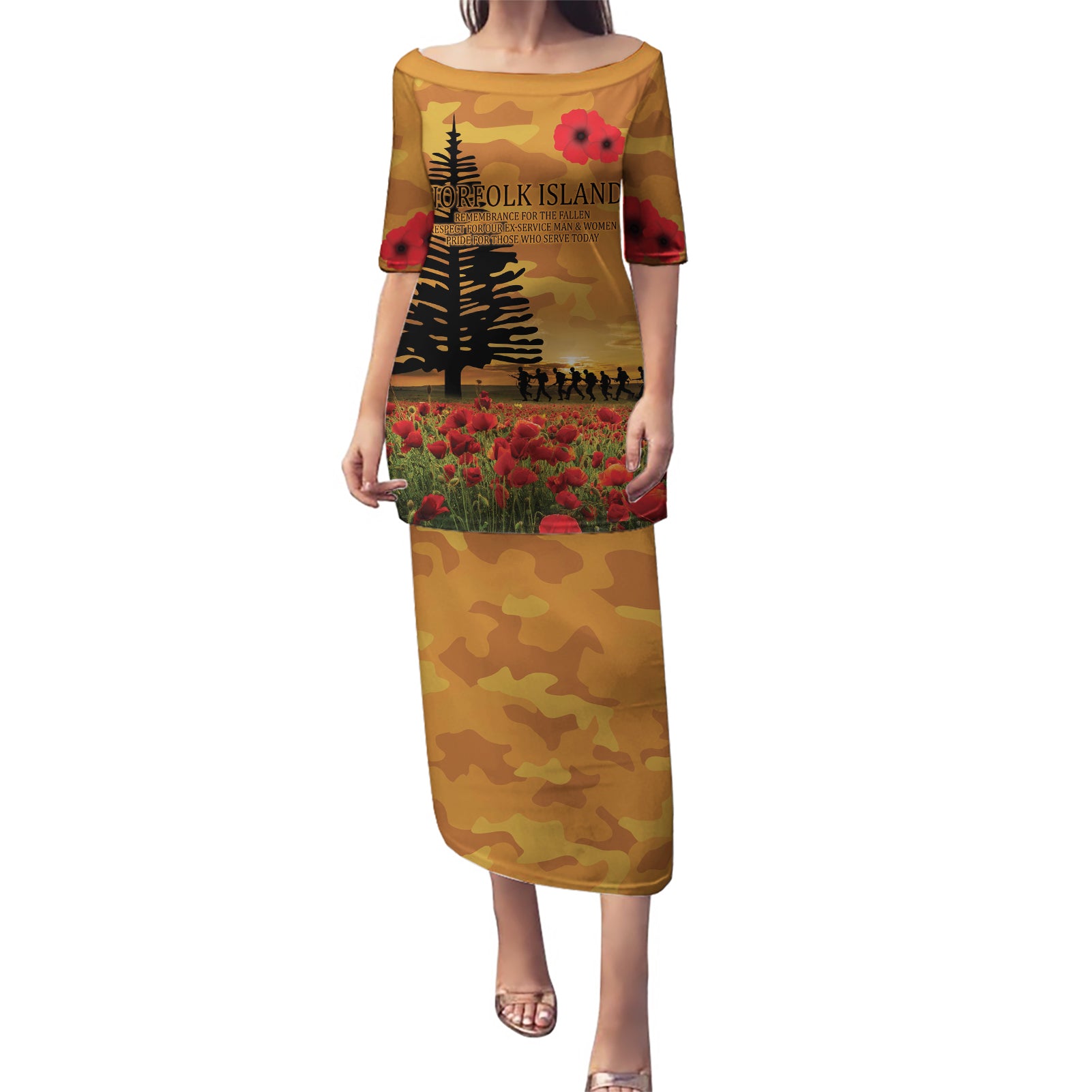 Norfolk Island ANZAC Day Personalised Puletasi with Poppy Field LT9 Long Dress Art - Polynesian Pride