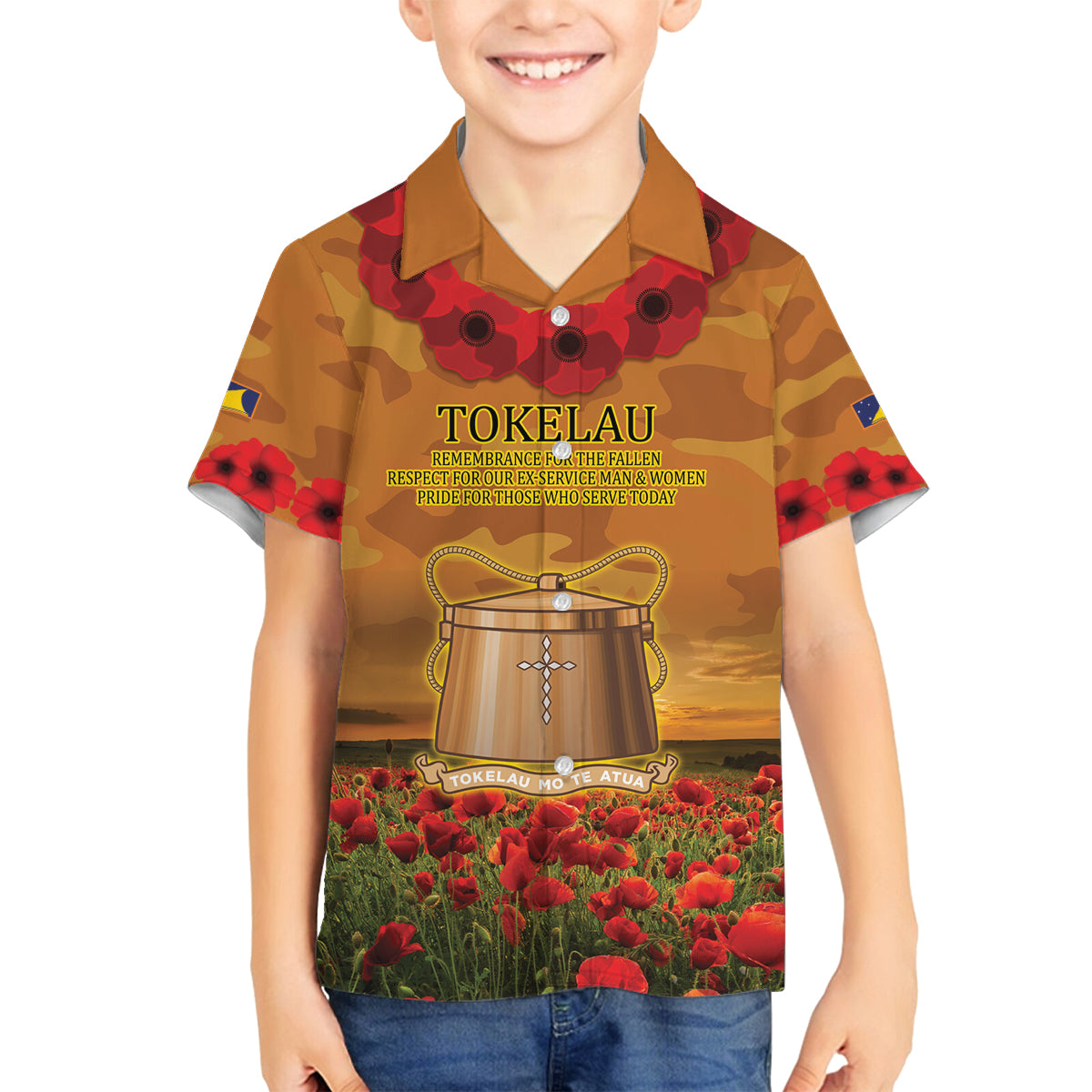 Tokelau ANZAC Day Personalised Family Matching Tank Maxi Dress and Hawaiian Shirt with Poppy Field LT9 Son's Shirt Art - Polynesian Pride