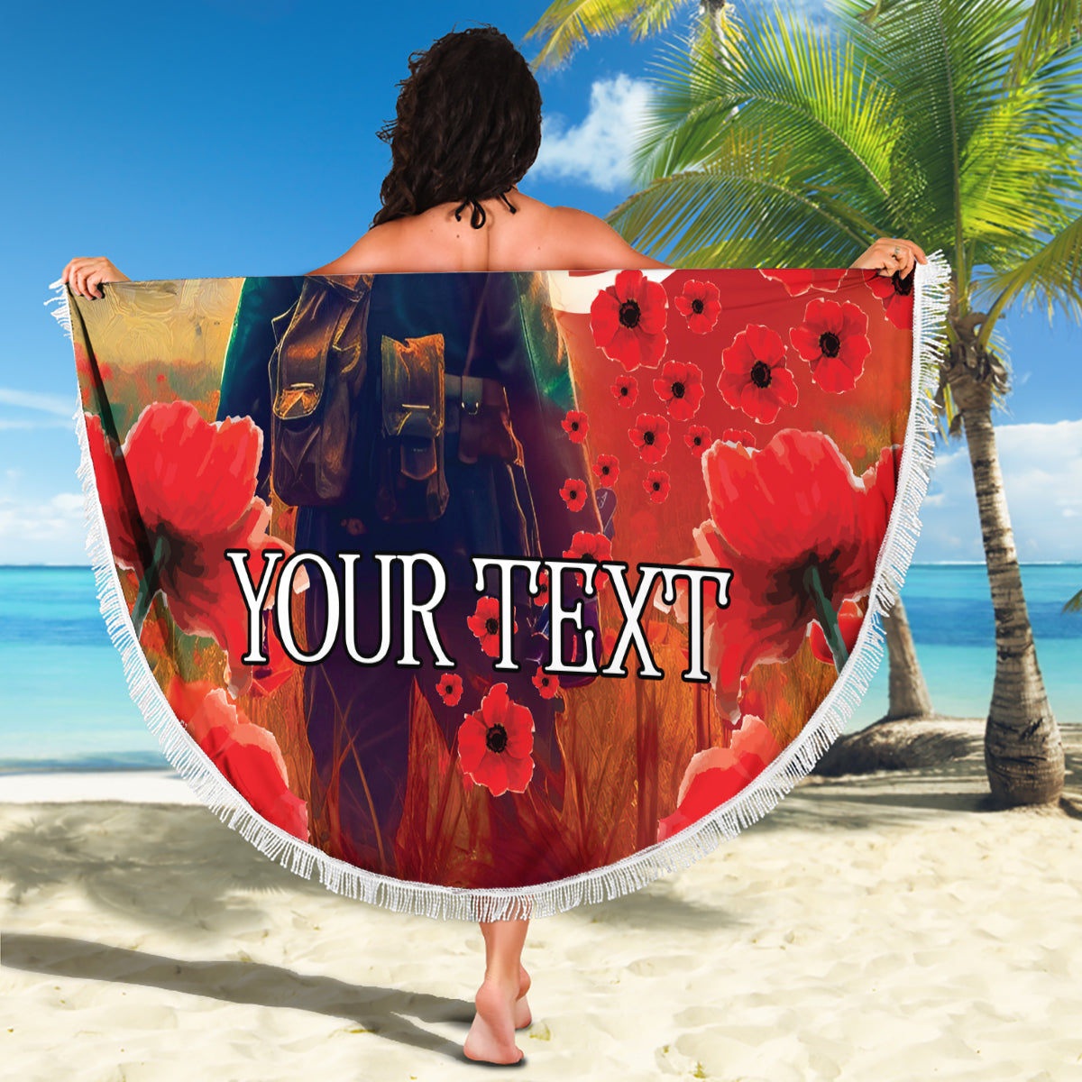 Tonga ANZAC Day Personalised Beach Blanket Soldier Te Tau Manatui Kinautolu with Poppy Field LT9 - Polynesian Pride
