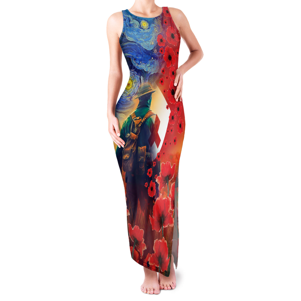 Tonga ANZAC Day Personalised Family Matching Tank Maxi Dress and Hawaiian Shirt Soldier Te Tau Manatui Kinautolu with Poppy Field LT9 Mom's Dress Art - Polynesian Pride