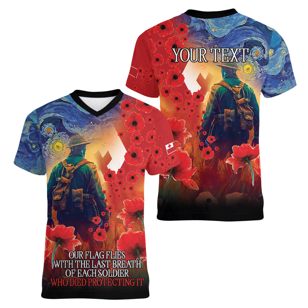 Tonga ANZAC Day Personalised Women V Neck T Shirt Soldier Te Tau Manatui Kinautolu with Poppy Field LT9 - Polynesian Pride