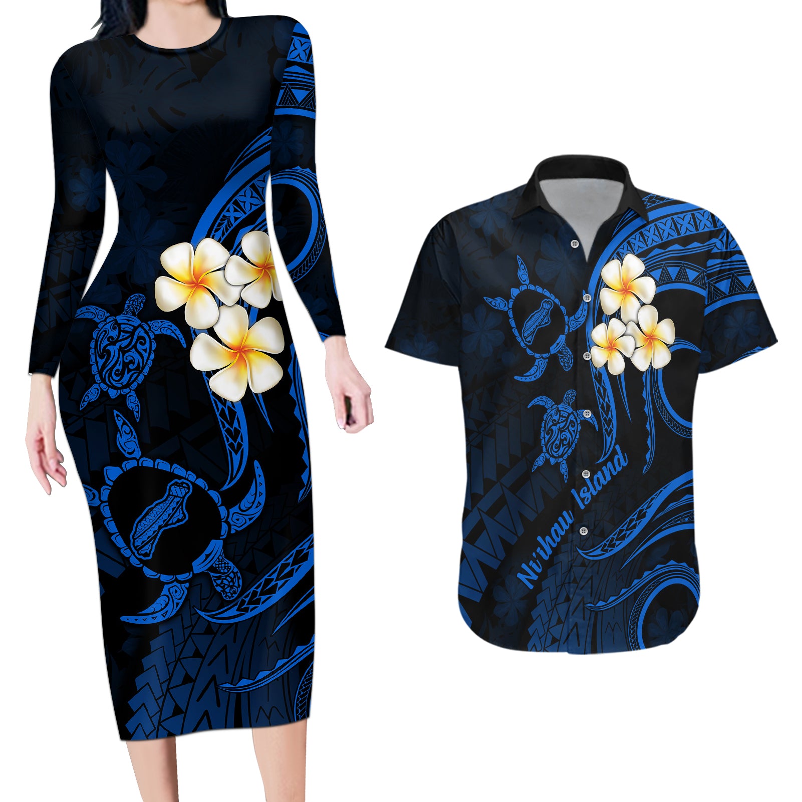 Hawaii Couples Long Sleeve Bodycon Dress and Hawaiian Shirt Niihau Islands Polynesian Sunset Plumeria Blue Vibe LT9 Blue - Polynesian Pride