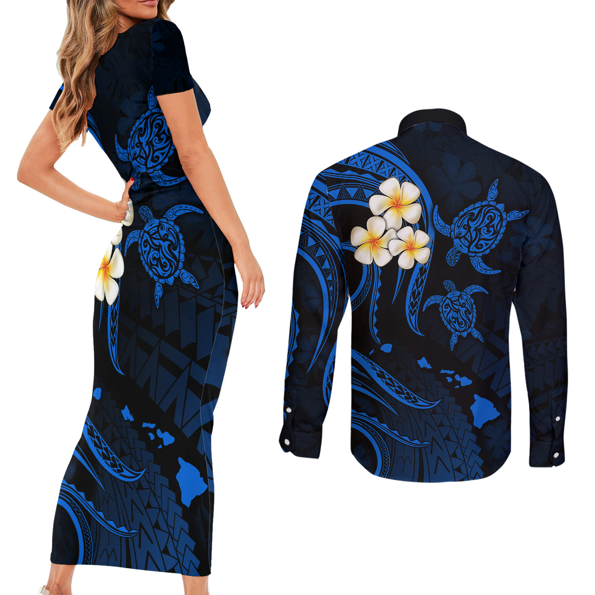 Hawaii Couples Short Sleeve Bodycon Dress and Long Sleeve Button Shirts Niihau Islands Polynesian Sunset Plumeria Blue Vibe LT9 - Polynesian Pride