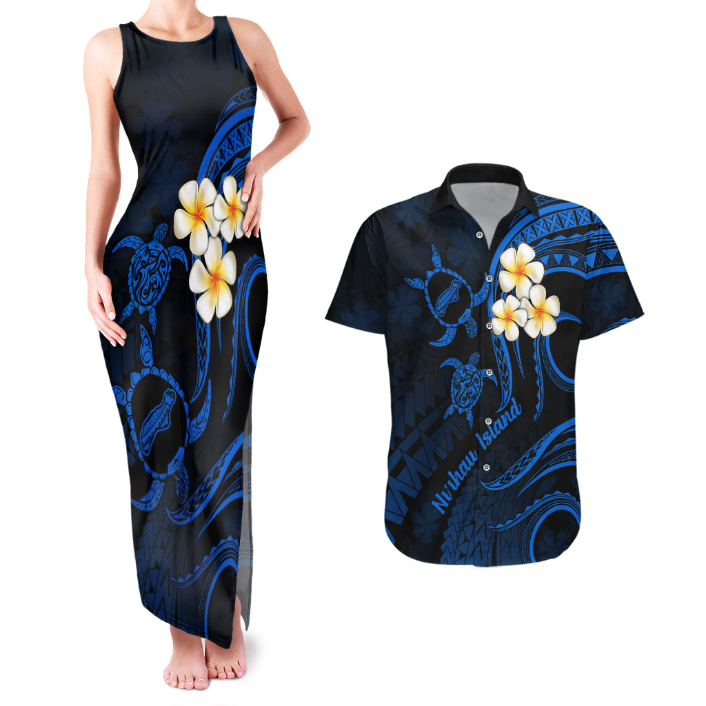 Hawaii Couples Matching Tank Maxi Dress And Hawaiian Shirt Niihau Islands Polynesian Sunset Plumeria Blue Vibe LT9 Blue - Polynesian Pride