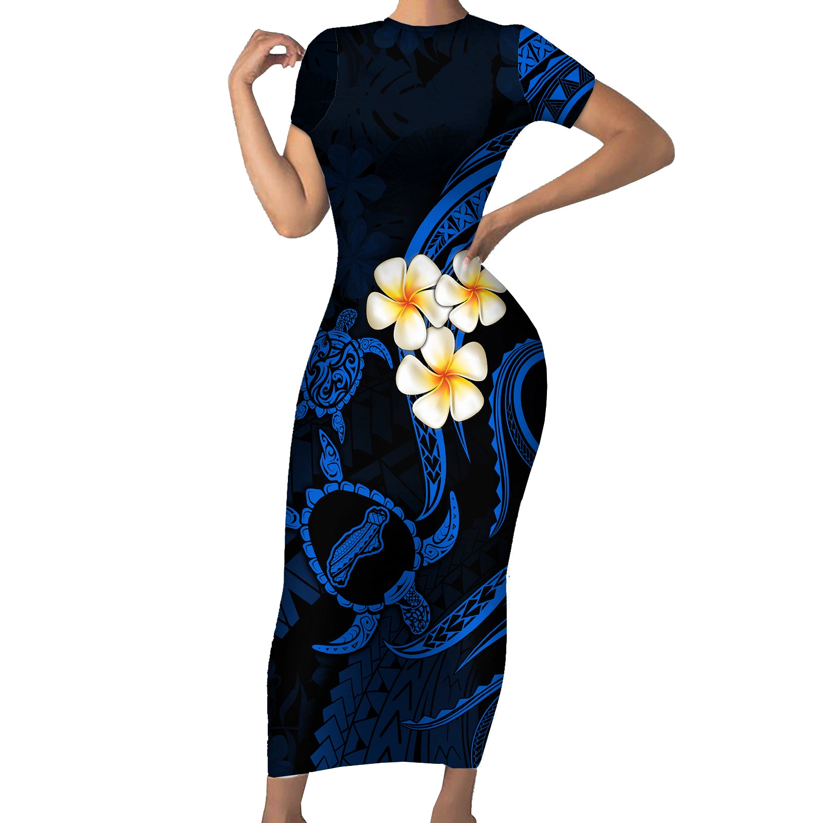 Hawaii Short Sleeve Bodycon Dress Niihau Islands Polynesian Sunset Plumeria Blue Vibe LT9 Long Dress Blue - Polynesian Pride