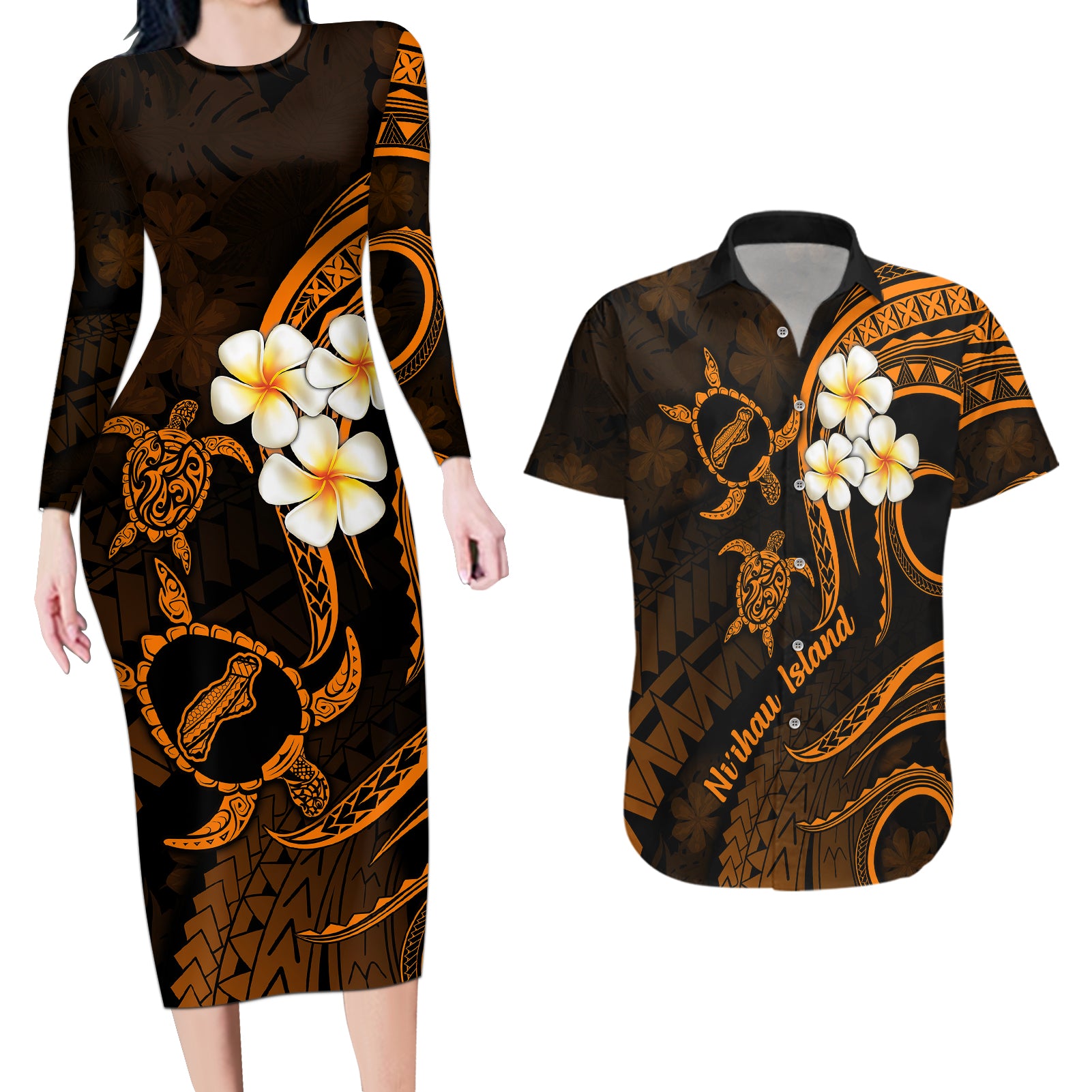 Hawaii Couples Long Sleeve Bodycon Dress and Hawaiian Shirt Niihau Islands Polynesian Sunset Plumeria Gold Vibe LT9 Gold - Polynesian Pride