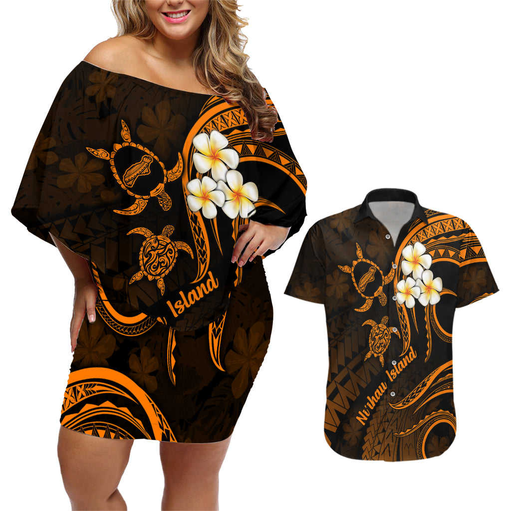 Hawaii Couples Off Shoulder Short Dress and Hawaiian Shirt Niihau Islands Polynesian Sunset Plumeria Gold Vibe LT9 Gold - Polynesian Pride