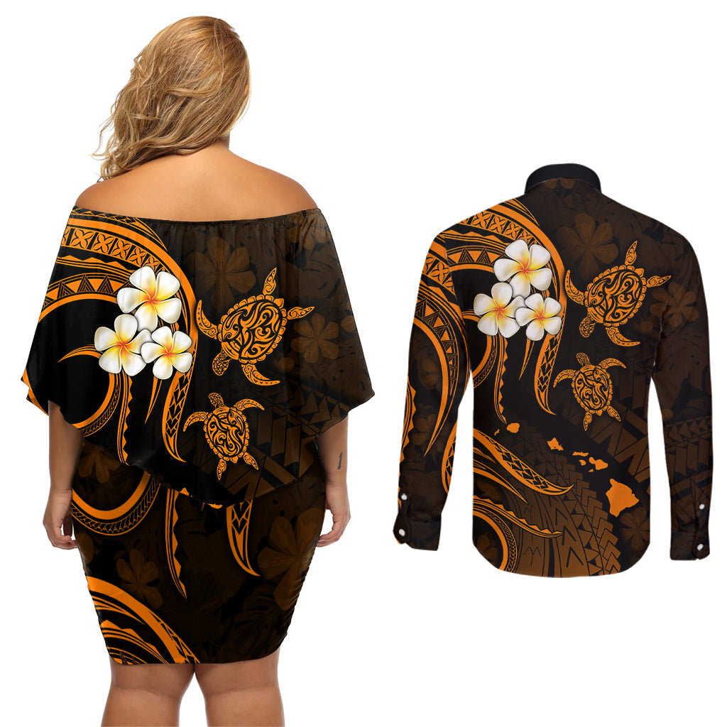 Hawaii Couples Off Shoulder Short Dress and Long Sleeve Button Shirts Niihau Islands Polynesian Sunset Plumeria Gold Vibe LT9 - Polynesian Pride