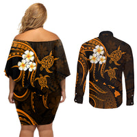 Hawaii Couples Off Shoulder Short Dress and Long Sleeve Button Shirts Niihau Islands Polynesian Sunset Plumeria Gold Vibe LT9 - Polynesian Pride