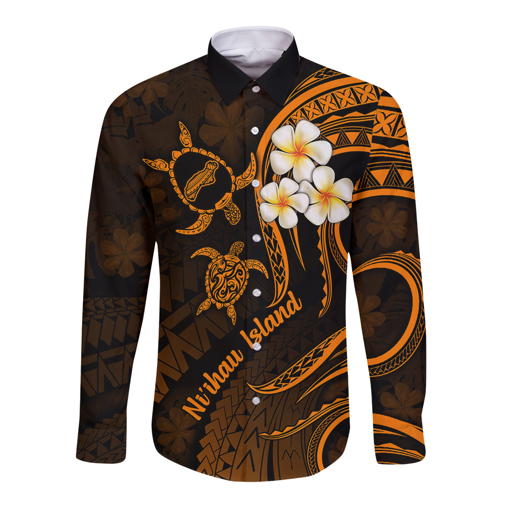 Hawaii Long Sleeve Button Shirt Niihau Islands Polynesian Sunset Plumeria Gold Vibe LT9 Unisex Gold - Polynesian Pride
