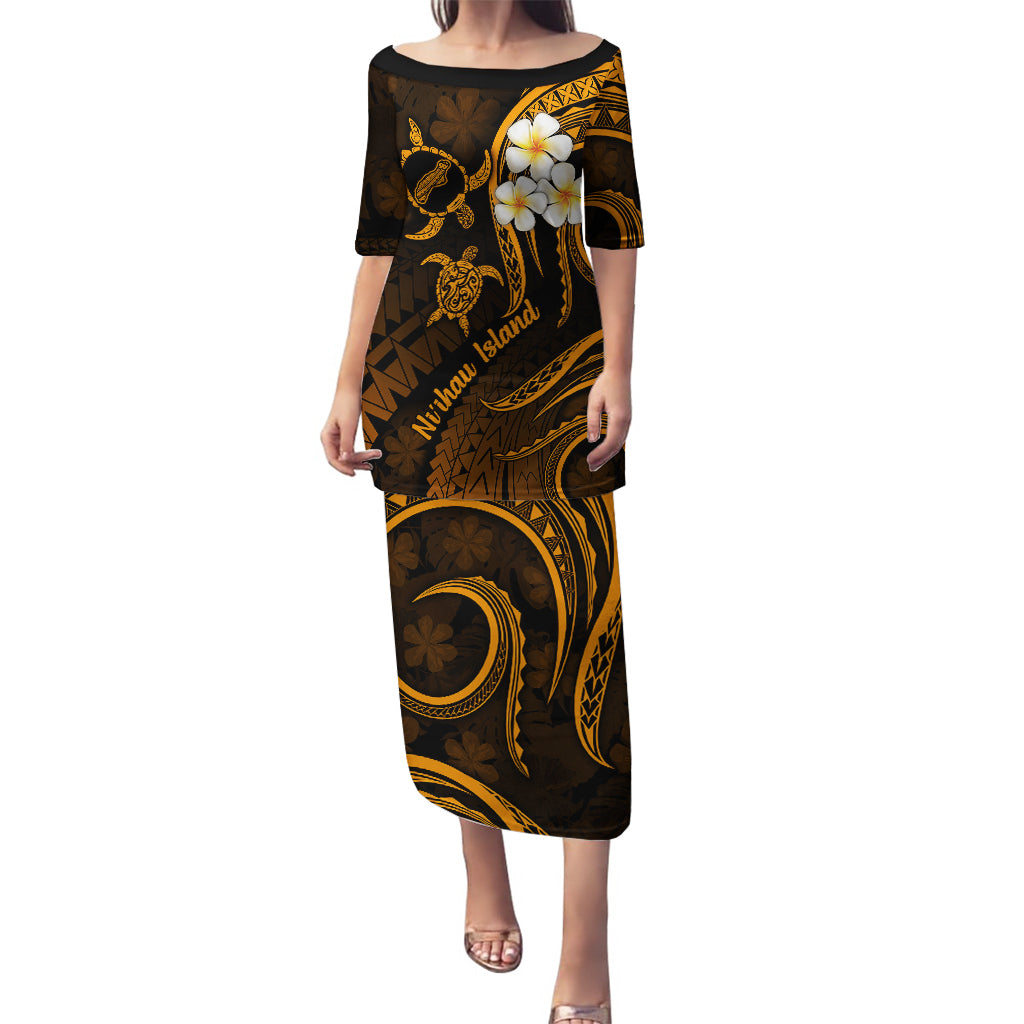 Hawaii Puletasi Niihau Islands Polynesian Sunset Plumeria Gold Vibe LT9 Long Dress Gold - Polynesian Pride