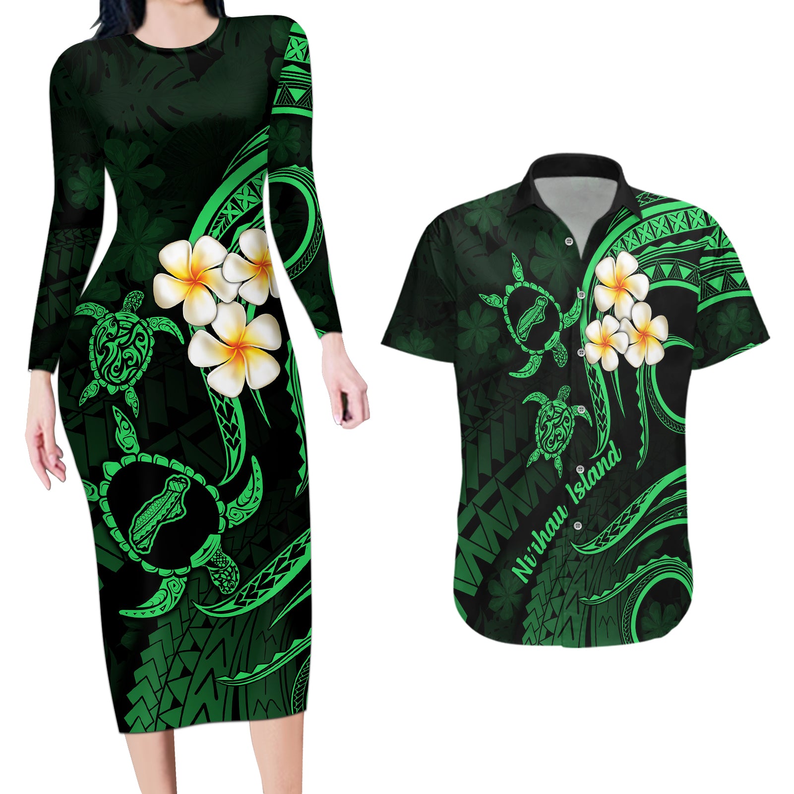 Hawaii Couples Long Sleeve Bodycon Dress and Hawaiian Shirt Niihau Islands Polynesian Sunset Plumeria Green Vibe LT9 Green - Polynesian Pride