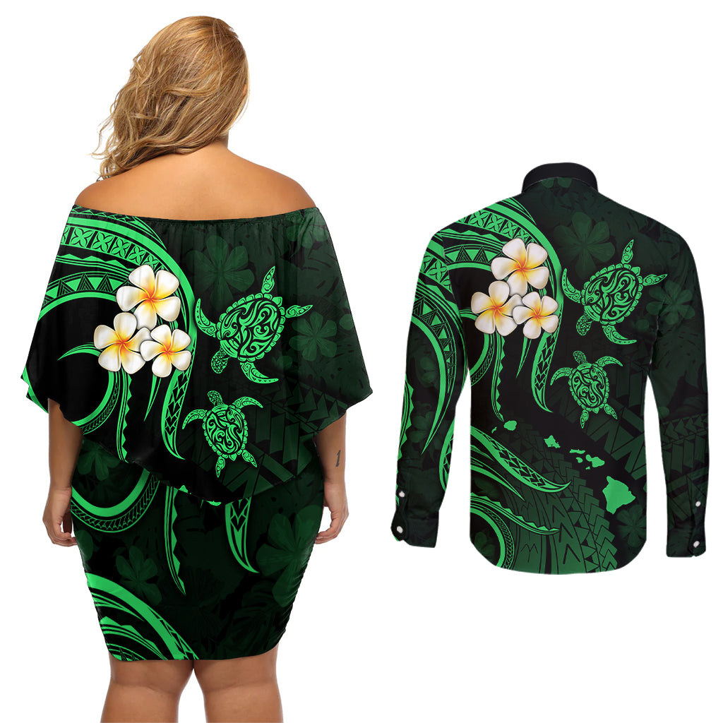 Hawaii Couples Off Shoulder Short Dress and Long Sleeve Button Shirts Niihau Islands Polynesian Sunset Plumeria Green Vibe LT9 - Polynesian Pride