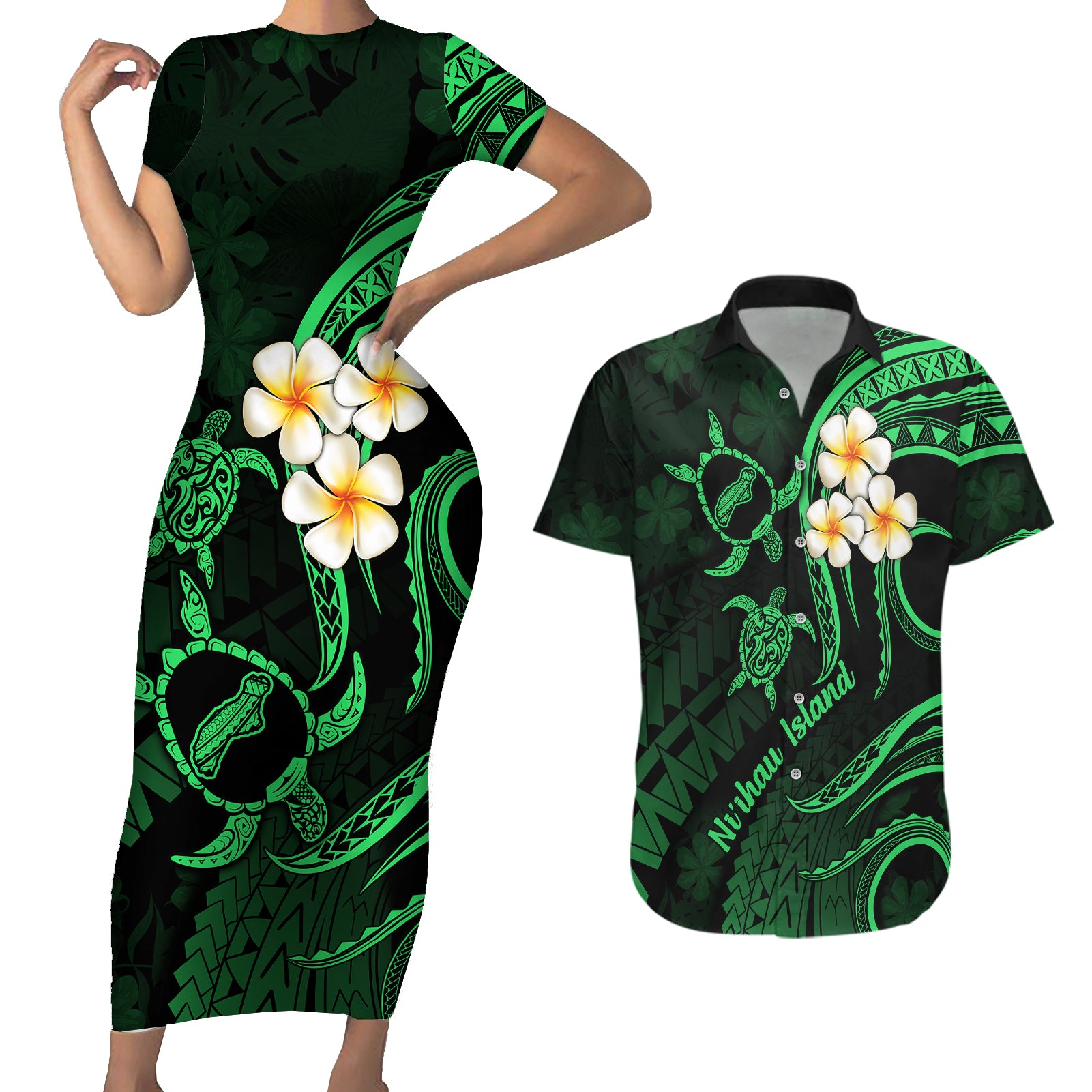 Hawaii Couples Short Sleeve Bodycon Dress and Hawaiian Shirt Niihau Islands Polynesian Sunset Plumeria Green Vibe LT9 Green - Polynesian Pride