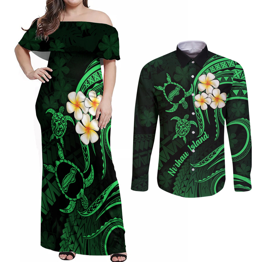 Hawaii Couples Off Shoulder Maxi Dress and Long Sleeve Button Shirts Niihau Islands Polynesian Sunset Plumeria Green Vibe LT9 Green - Polynesian Pride