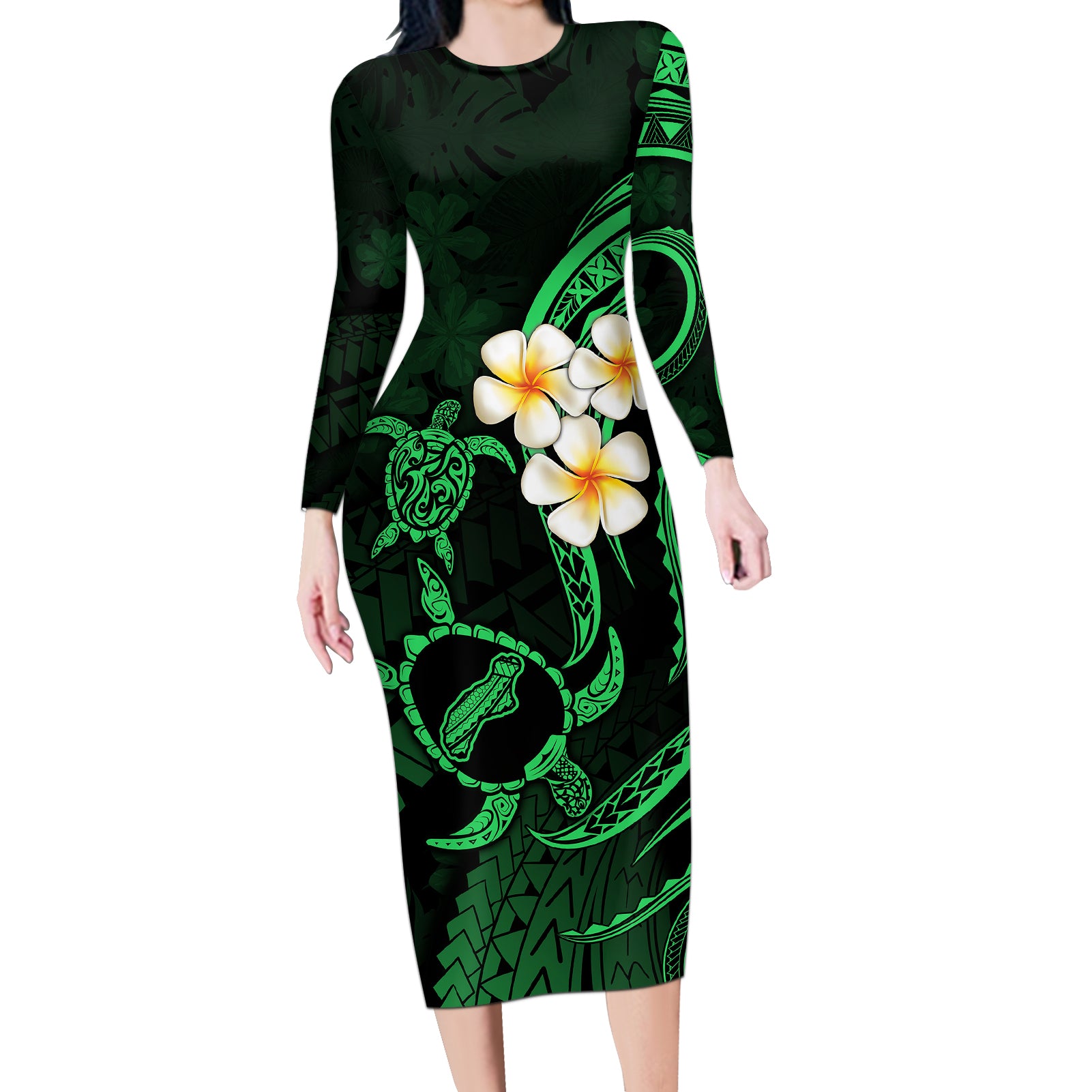 Hawaii Long Sleeve Bodycon Dress Niihau Islands Polynesian Sunset Plumeria Green Vibe LT9 Long Dress Green - Polynesian Pride