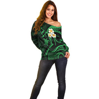 Hawaii Off Shoulder Sweater Niihau Islands Polynesian Sunset Plumeria Green Vibe LT9 - Polynesian Pride