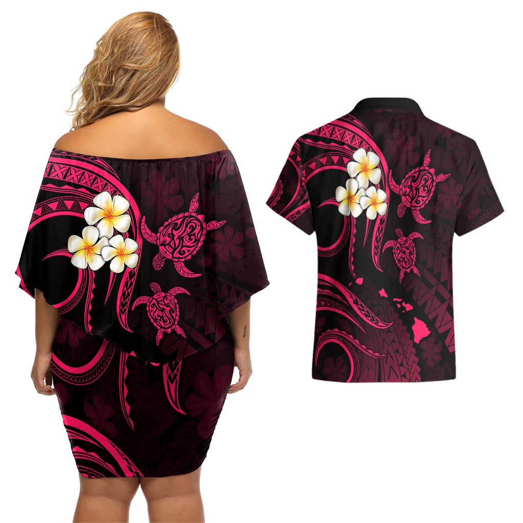 Hawaii Couples Off Shoulder Short Dress and Hawaiian Shirt Niihau Islands Polynesian Sunset Plumeria Pink Vibe LT9 - Polynesian Pride