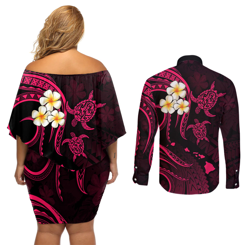 Hawaii Couples Off Shoulder Short Dress and Long Sleeve Button Shirts Niihau Islands Polynesian Sunset Plumeria Pink Vibe LT9 - Polynesian Pride