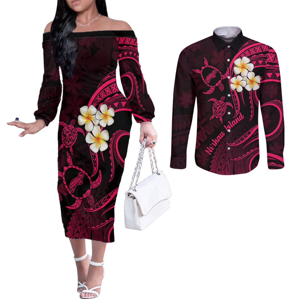 Hawaii Couples Off The Shoulder Long Sleeve Dress and Long Sleeve Button Shirts Niihau Islands Polynesian Sunset Plumeria Pink Vibe LT9 Pink - Polynesian Pride