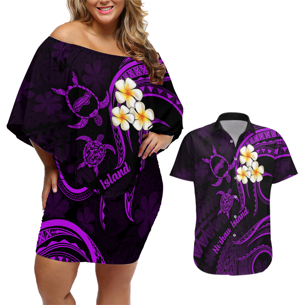 Polynesian Hawaii Couples Off Shoulder Short Dress and Hawaiian Shirt Niihau Islands with Pacific Plumeria Purple Vibe LT9 Purple - Polynesian Pride