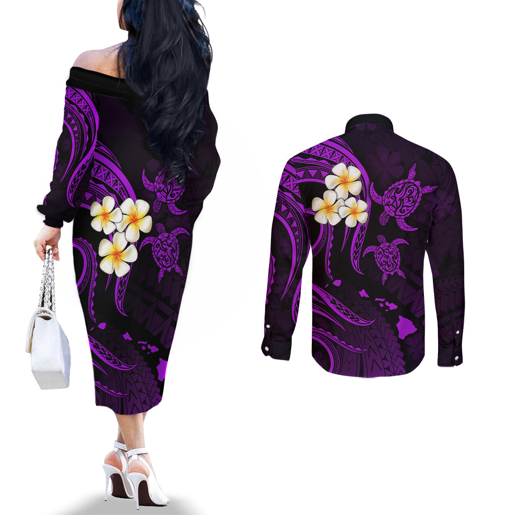 Polynesian Hawaii Couples Off The Shoulder Long Sleeve Dress and Long Sleeve Button Shirts Niihau Islands with Pacific Plumeria Purple Vibe LT9 - Polynesian Pride