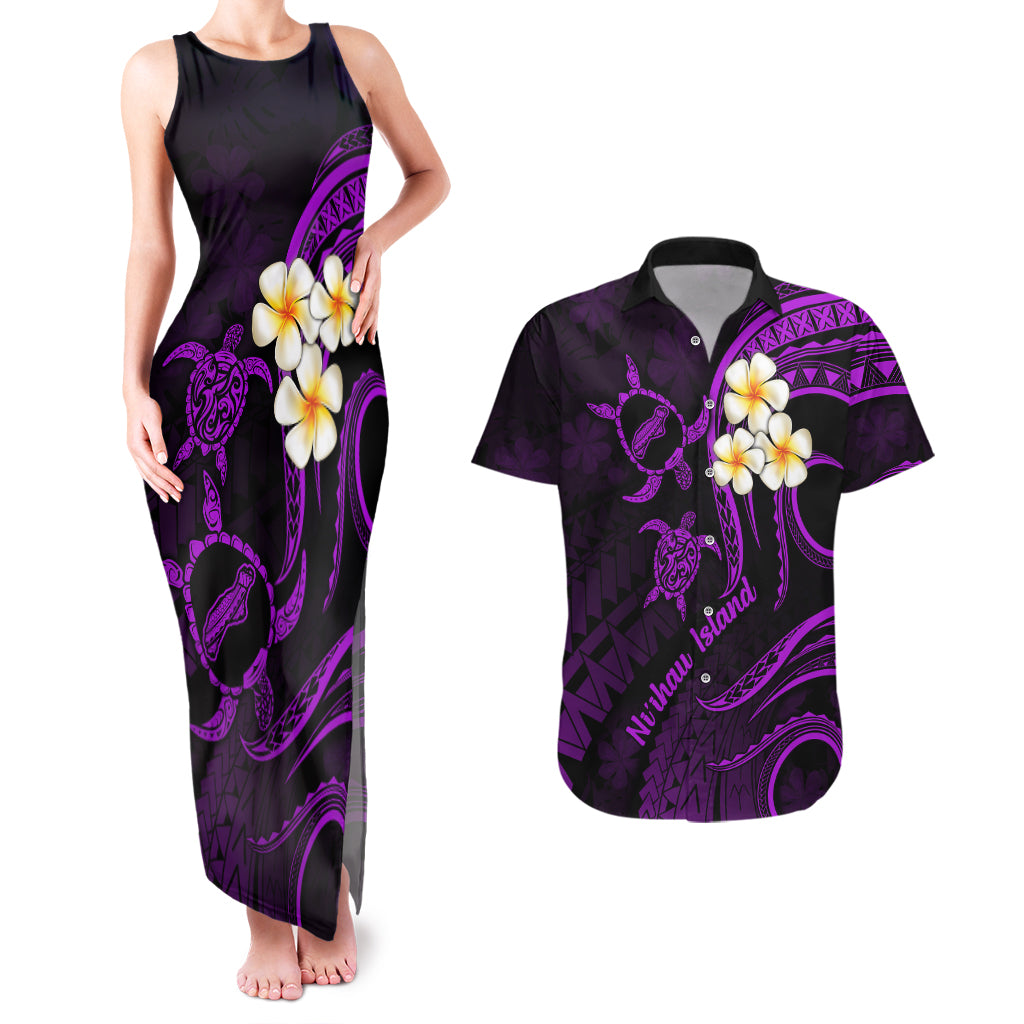 Polynesian Hawaii Couples Matching Tank Maxi Dress And Hawaiian Shirt Niihau Islands with Pacific Plumeria Purple Vibe LT9 Purple - Polynesian Pride