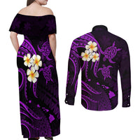 Polynesian Hawaii Couples Off Shoulder Maxi Dress and Long Sleeve Button Shirts Niihau Islands with Pacific Plumeria Purple Vibe LT9 - Polynesian Pride