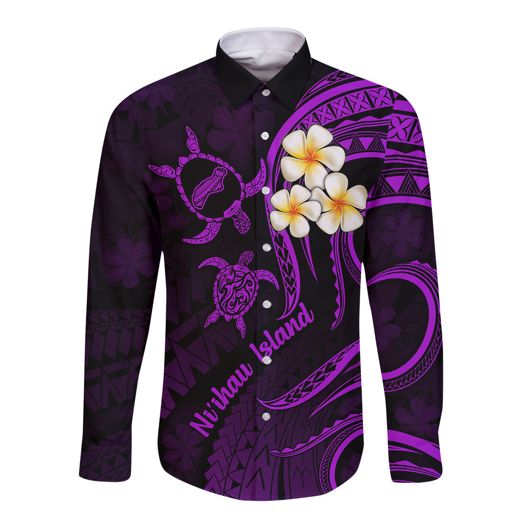 Polynesian Hawaii Long Sleeve Button Shirt Niihau Islands with Pacific Plumeria Purple Vibe LT9 Unisex Purple - Polynesian Pride